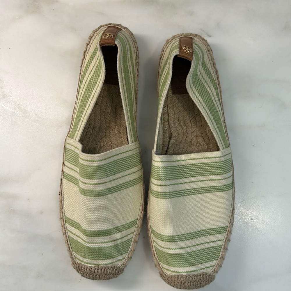 Tory Burch Awning Striped Espadrille in green and white